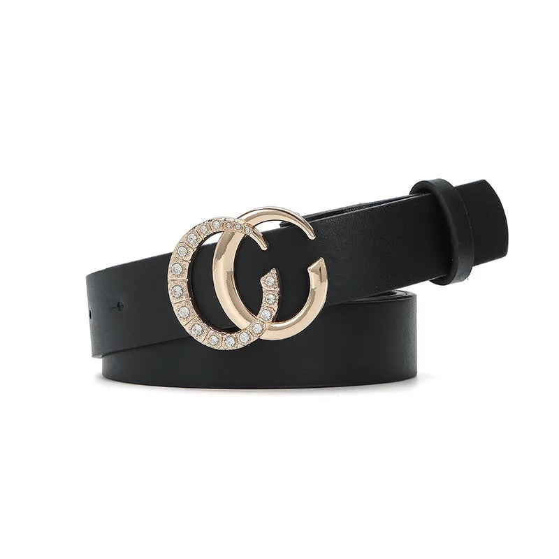 Women CC Rhinestones Buckle Leather Belt – SOFIA jewelry  display picture 3