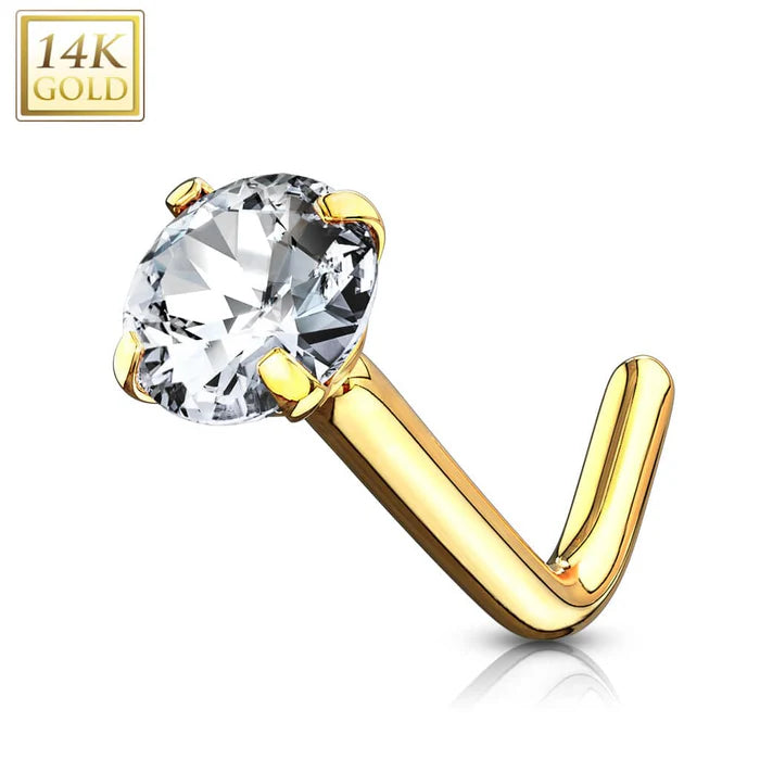 14K Solid Gold Yellow L Shaped Nose CZ Ring Stud