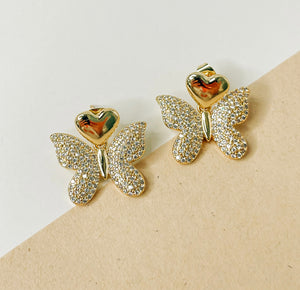 Butterfly CZ Heart Gold Plated Dangle Earrings