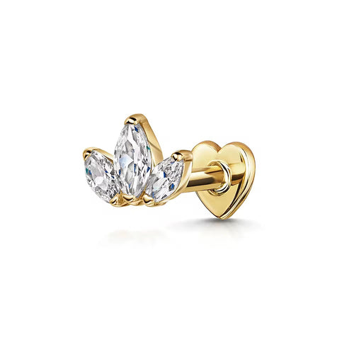 Triple Marquise Gold Sterling Silver Heart Flat Back Stud Earring
