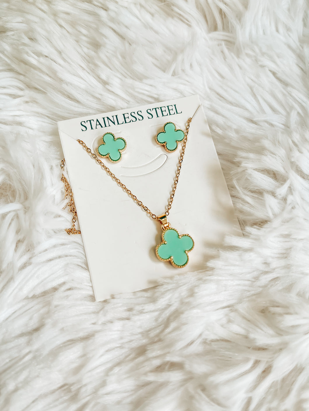 Clover Designer Inspired Necklace Earrings Stainless Steel Set