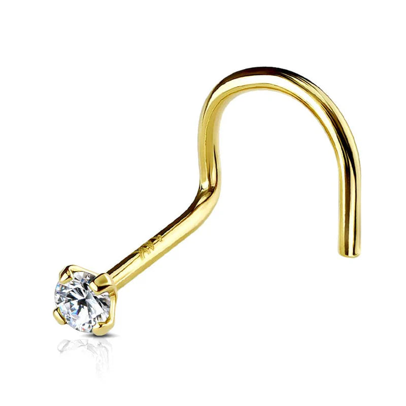 14K Solid Gold Yellow CZ Corkscrew Nose Ring Stud