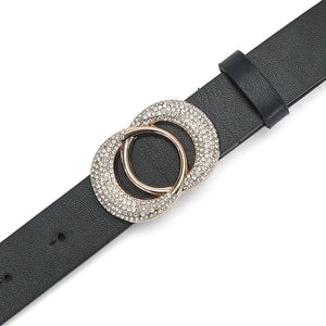 Womens Double Circle Rhinestones Buckle Leather Designer Inspired Belt