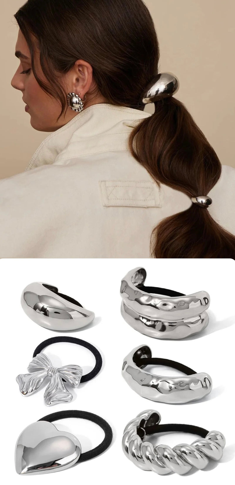 Ponytail Hair Cuff Silver Metal Hair Tie Accessories – SOFIA  display picture 1