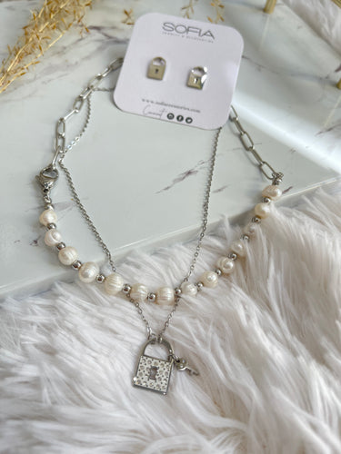 Pearls Lock Key Stainless Steel Necklace Set